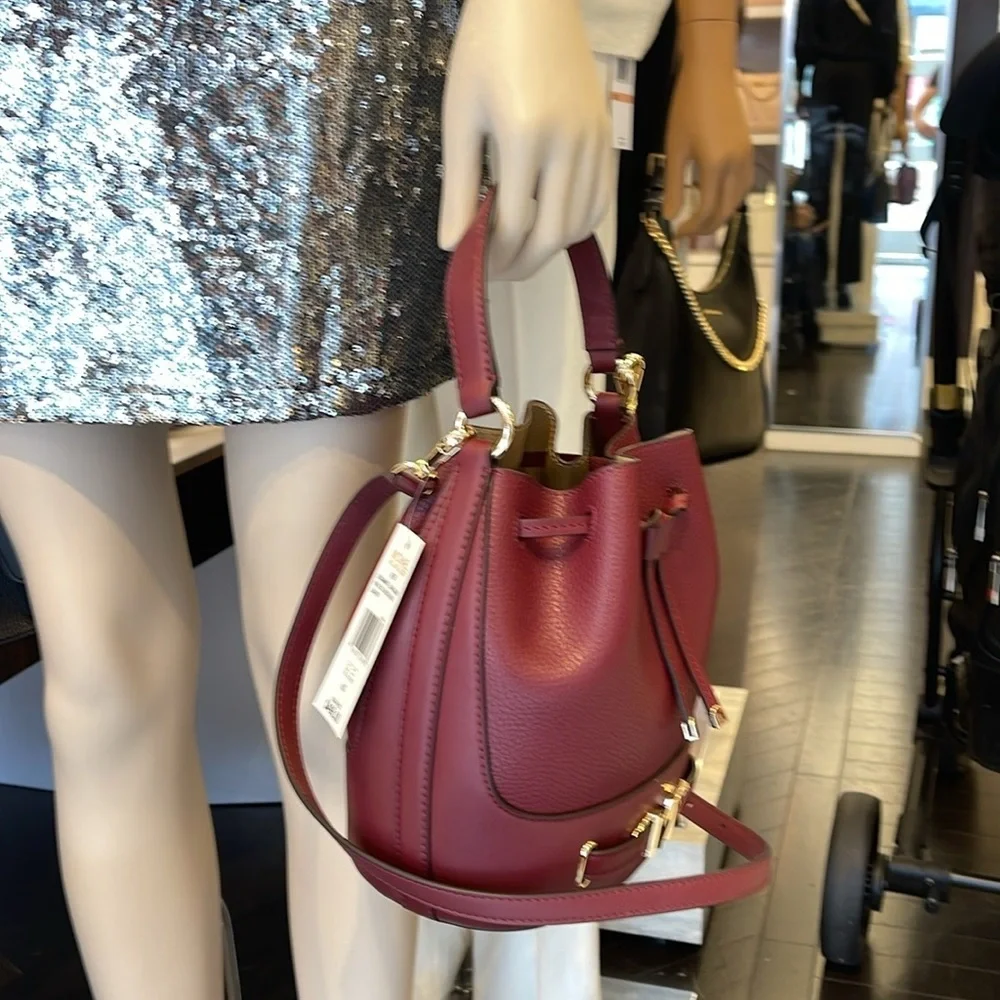 MICHAEL KORS  Reed Medium Pebbled Leather Bucket Bag Dark Cherry  NWT